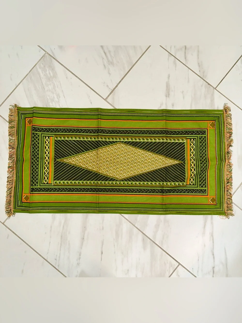 Vintage Caicara Brasil Woven Table Runner Green Orange Geometric Boho Fringe 33